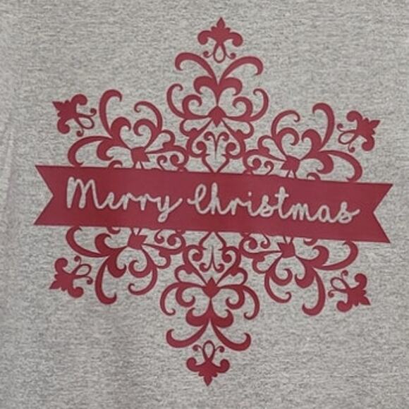 New Hand Printed Womens Large Merry Christmas Floral Scrollwork Short Sleeve Tee - Picture 2 of 4